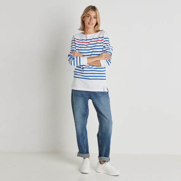 Women T-shirt Mockup with Jeans and Striped Blazer Stock Image